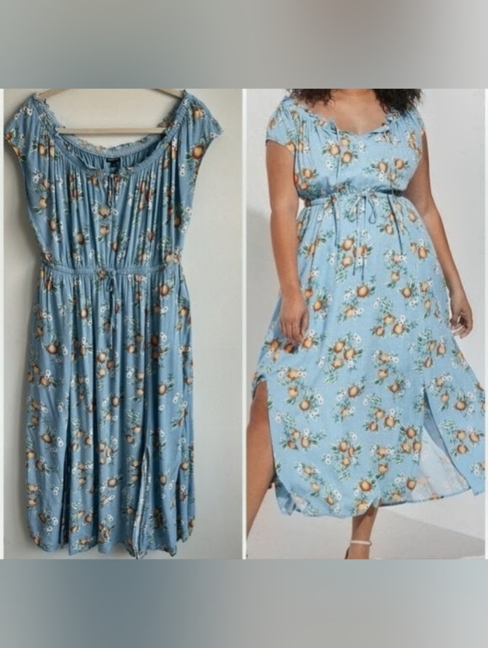 Blue Floral Midi Dress with Tie Waist